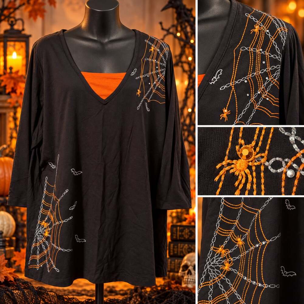 Halloween Spider Web Embroidered Tunic Top 3X Black Orange Clear Rhinestones Vtg